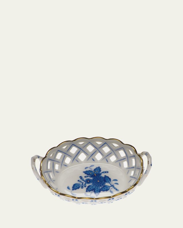 Chinese Bouquet Blue Small Openwork Basket with Handles